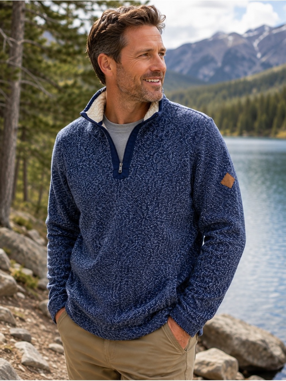 Orvis Men’s L Blue Sherpa Lined Quarter Zip Fleece Pullover Sweater Outdoor